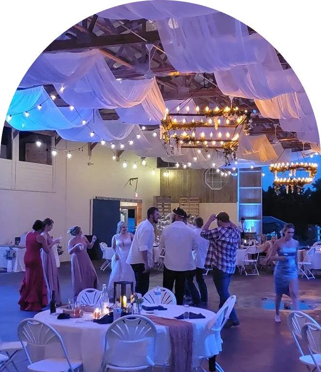 Wedding reception dance floor with draped ceiling